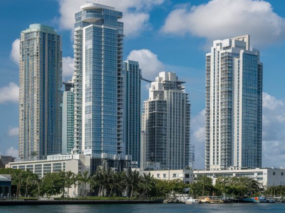 Horizonte de Brickell, Florida, con rascacielos y palmeras al atardecer.